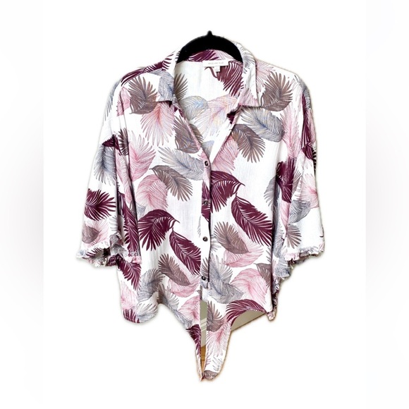Skies Are Blue Tropical Palm Bat Wing Collared Ruffled Tie Top Size Large - Picture 1 of 14